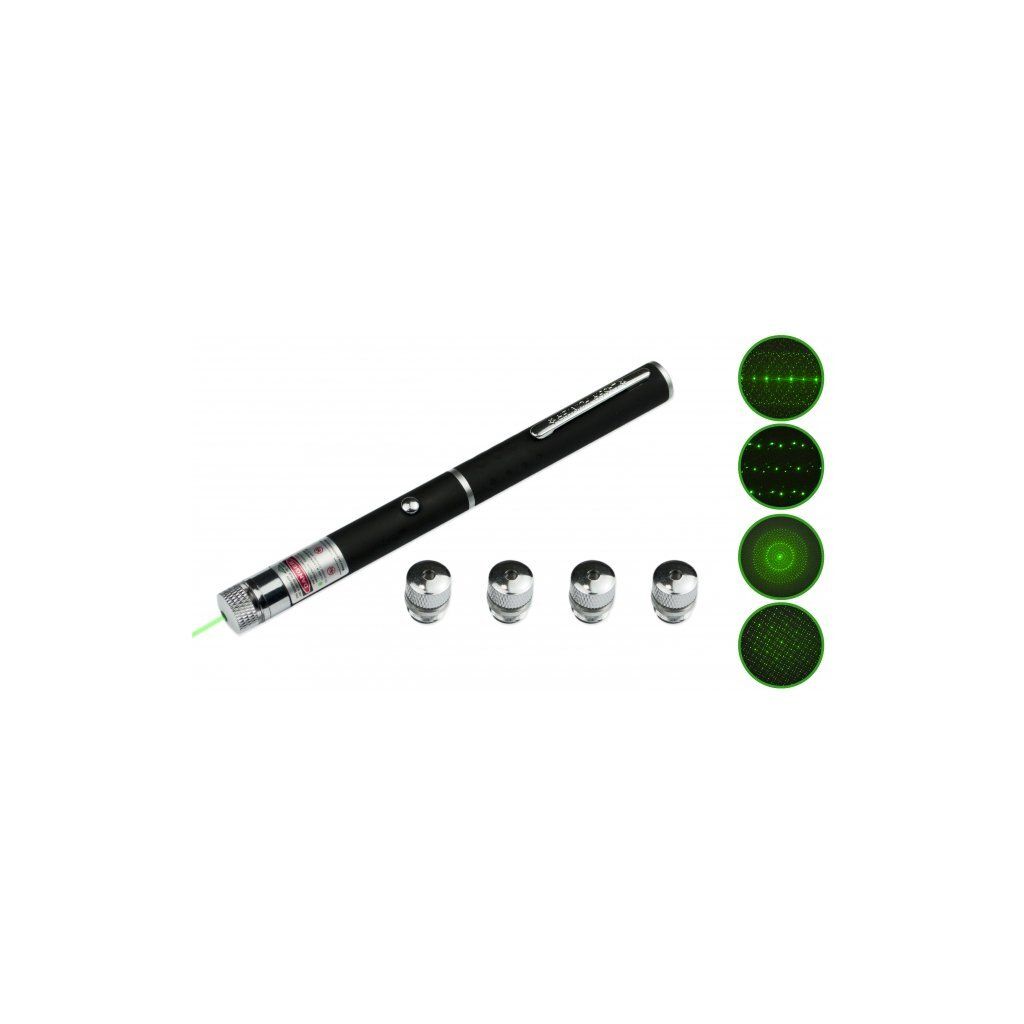 A black laser pointer with silver accents is shown on a white background, along with four detachable caps that create different light patterns.