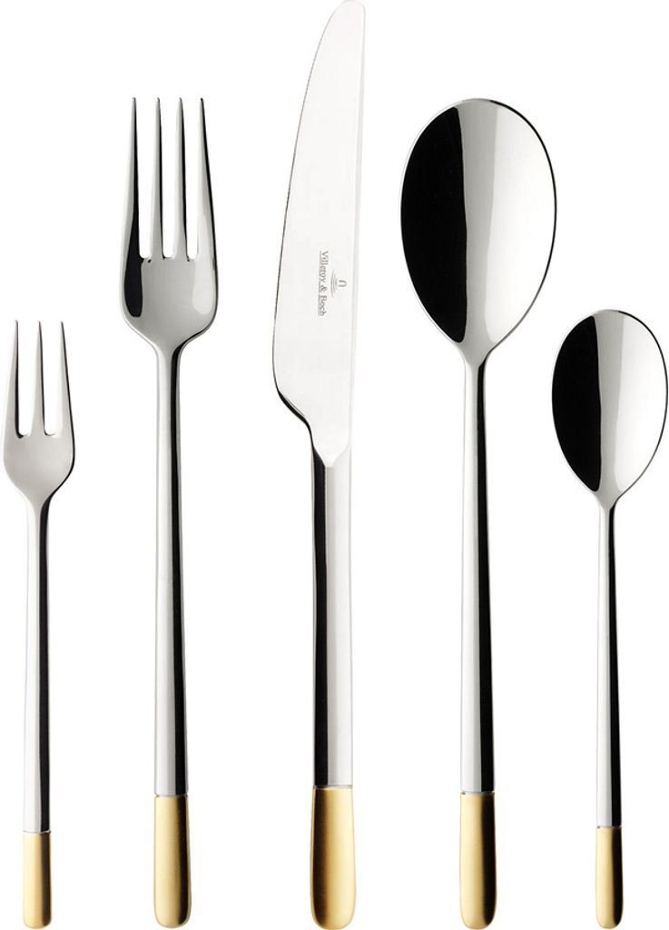 A set of cutlery arranged on a white background.