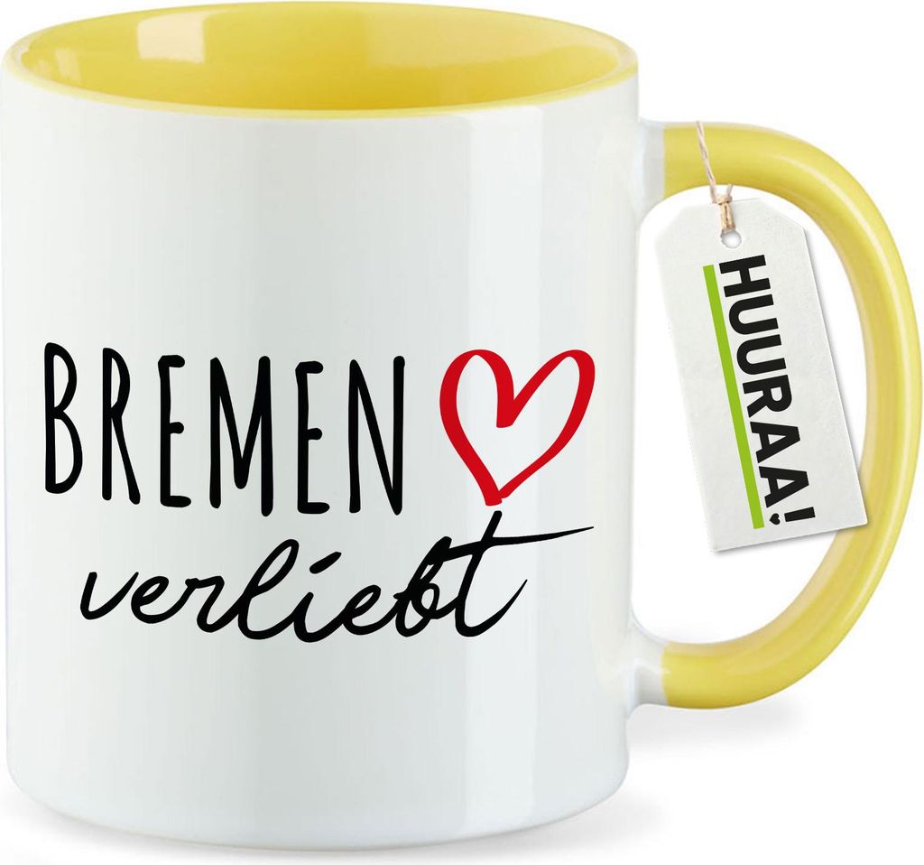 Huuraa Kaffeetasse Bremen verliebt 330ml Gelb Keramik Kaffeebecher Geschenkidee