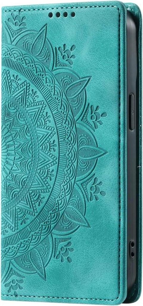 A close-up view of a teal flip phone case with an embossed mandala pattern.
