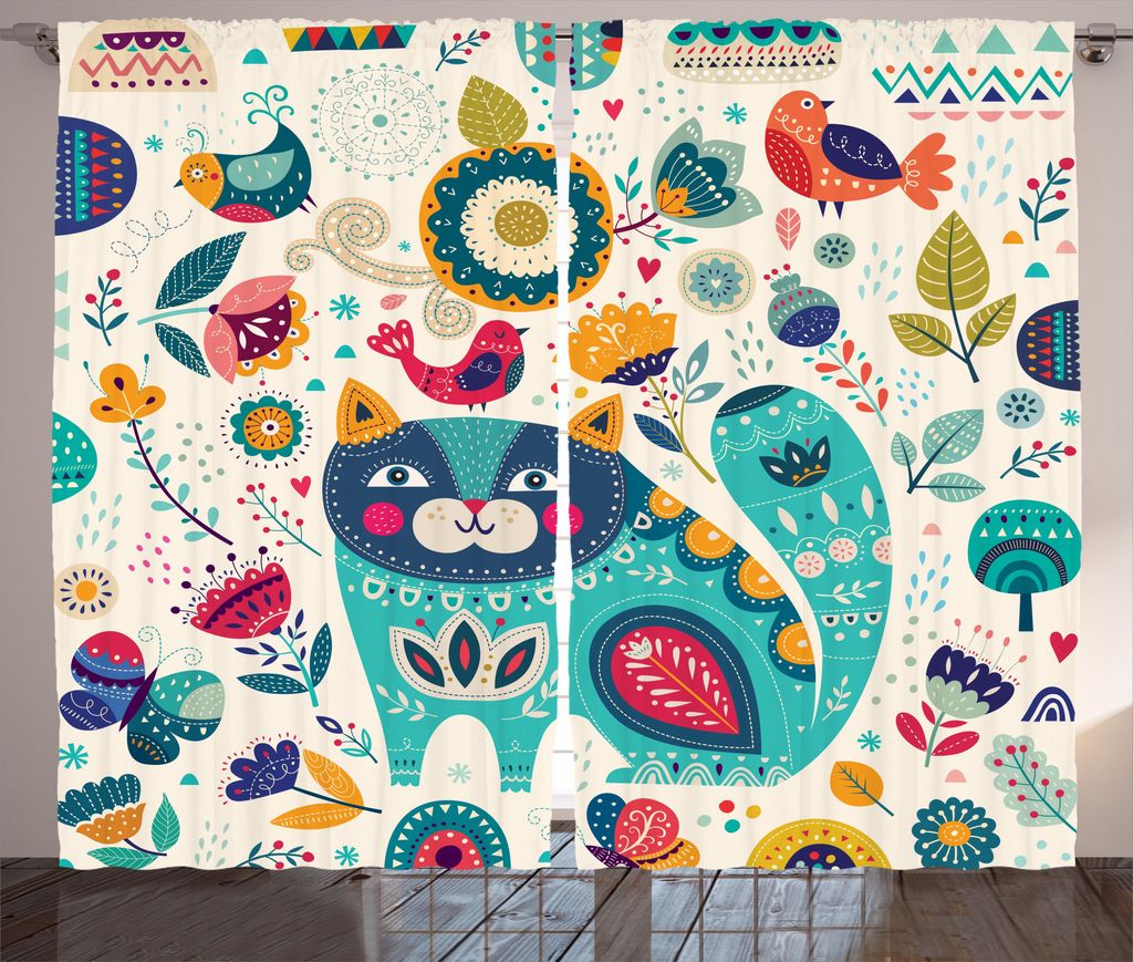 ABAKUHAUS Tier Rustikaler Vorhang, Katze mit Vögeln, Wohnzimmer Universalband Gardinen mit Schlaufen und Haken, 280 x 175 cm, Mehrfarbig