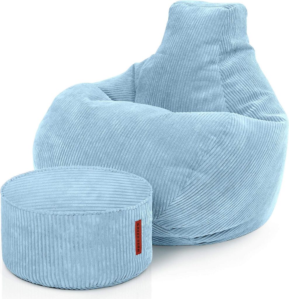 Green Bean Sitzsack mit Hocker aus Cord - Sitzsäcke für das Wohnzimmer, Schlafzimmer, Sitzsack-Sessel für Erwachsene Hellblau