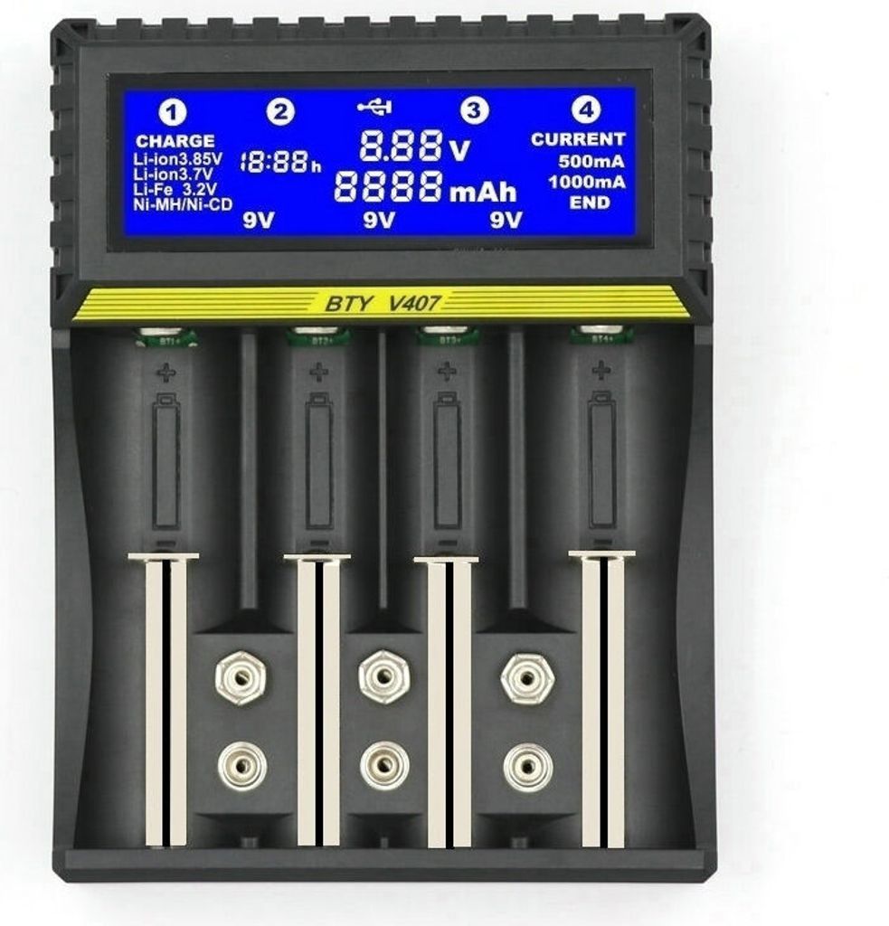 Multifunktionaler Akku‐Ladegerät für Li‐Ion, NiMH, NiCd AA / AAA / 9 V mit LCD-Display