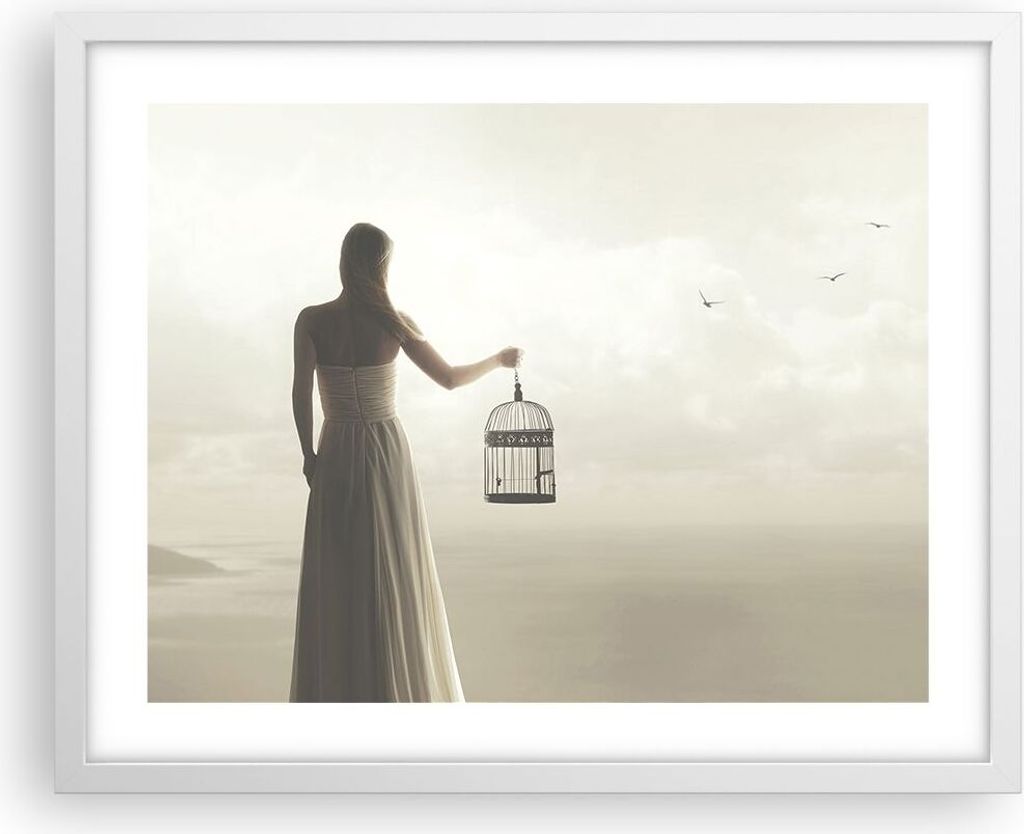 Gerahmtes Poster - Weißer Rahmen - Frau Käfig Vogel - 50x40 cm - Wand Bild - Wanddeko - Wandbilder - Kunstposter - Wandposter - Bilderrahmen - Bi...