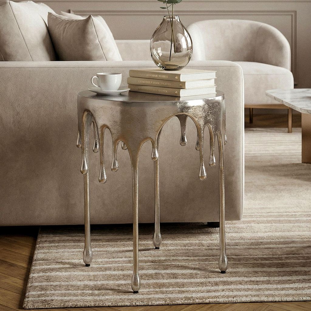 FineBuy Beistelltisch Silber 43cm Aluminium Tisch Rund Anstelltisch Modern Wohnzimmertisch Metall Tropfen Metalltisch Dekotisch Couchtisch Handmade