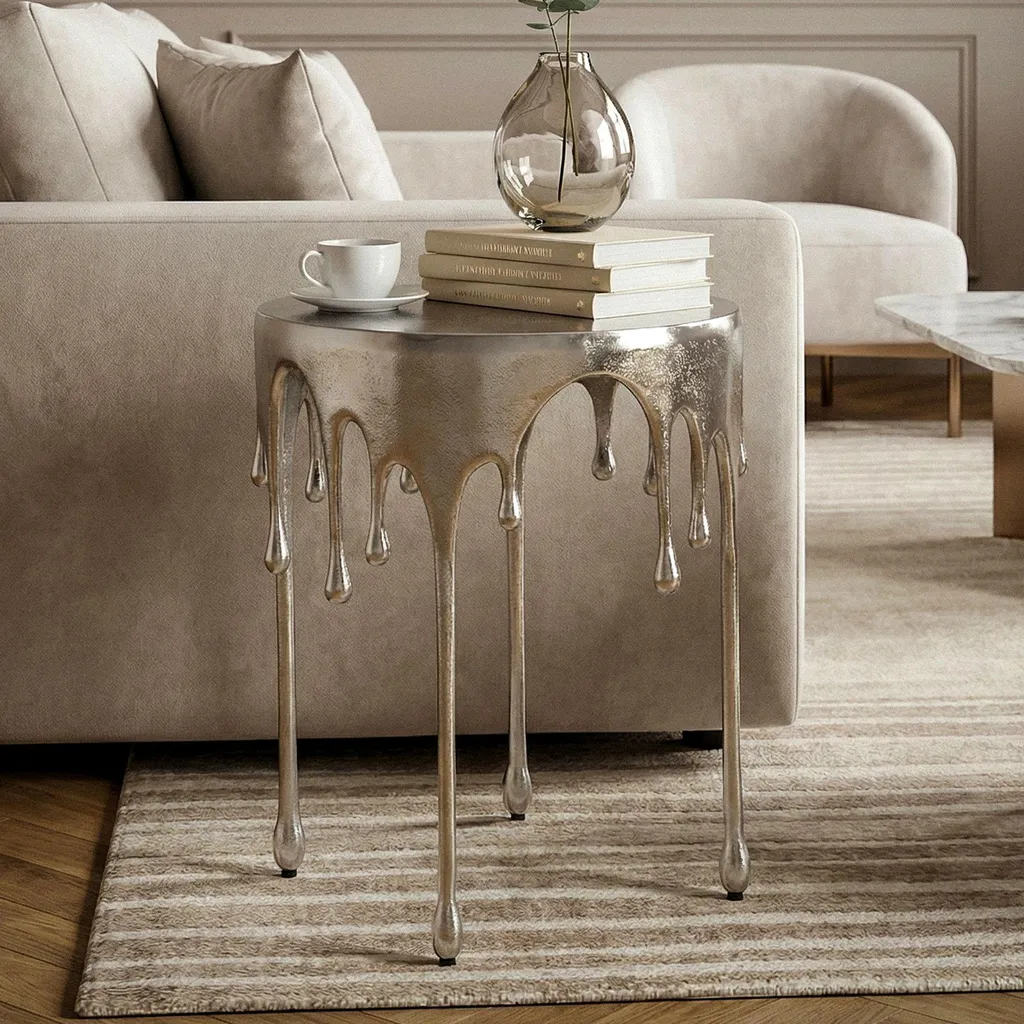 Table d'appoint argentée FineBuy 43 cm en aluminium design goutte d'eau