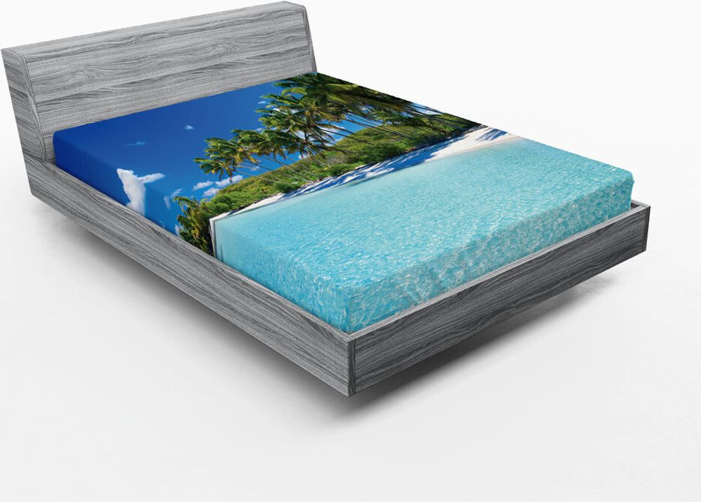 ABAKUHAUS Ozean Spannbetttuch, Strand Resort Spa Palmen und Exotisches Meer Tropische Insel Klare Himmel Muster, 90 x 190 cm, Türkis Grün Blau