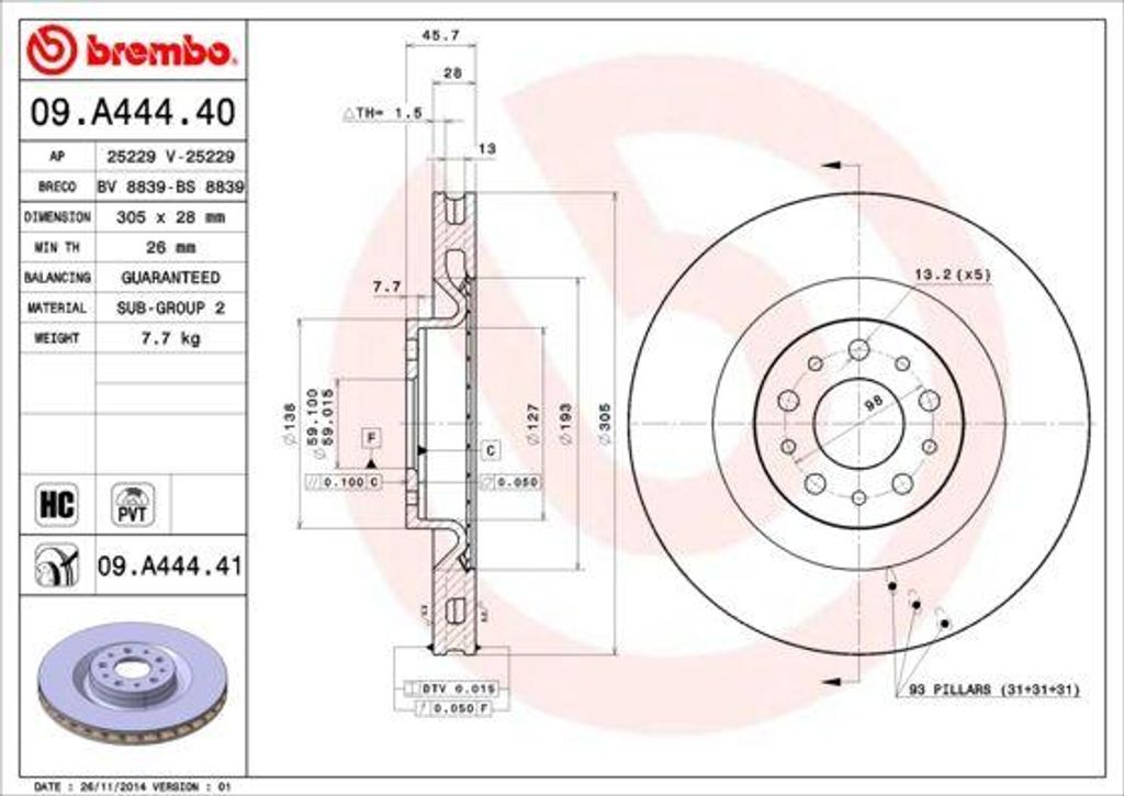 BREMBO 09.A444.41 Bremsscheibe OE 51854567 kompatibel mit 500L, Doblo, Combo