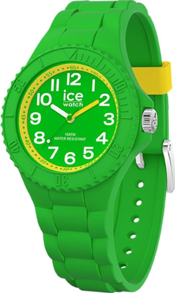 A close-up studio shot of a green Ice-Watch with a yellow accent on the strap.