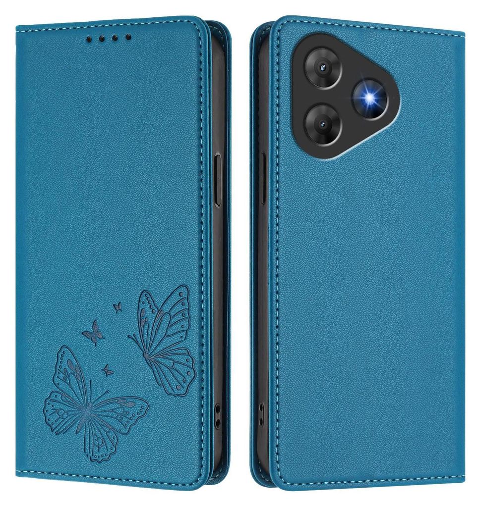 Lederhülle für Oscal Flat 2 / Flat 2C, Schmetterling Prägung Leder Brieftasche Schutzhülle mit Ständer Blau