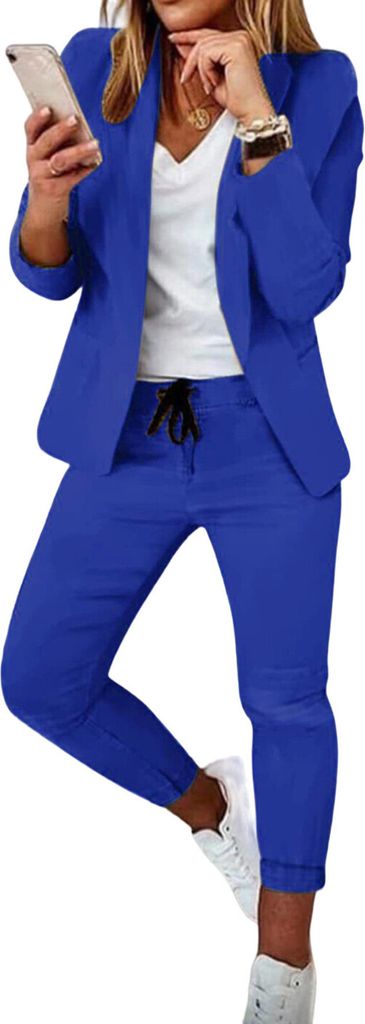 ASKSA Damen Lange aermel Hosenanzug Elegant Business Anzug Slim Fit Revers Set Einfarbig Streetwear Freizeitanzug, Blau, Groesse: M