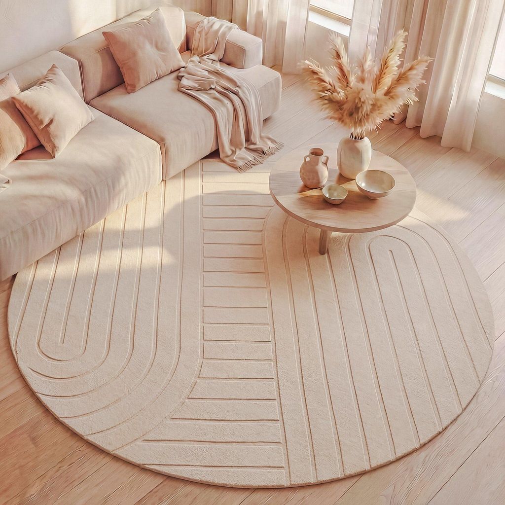 Volero - Runder Teppich Wohnzimmer - Charm Arches Beige - Ø 100 cm - Wohnzimmer, Esszimmer, Schlafzimmer - Modern, Skandinavisch