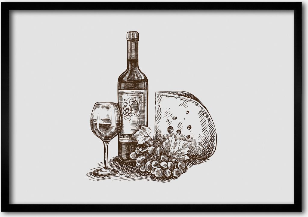 Bild - Bilder - Bilderrahmen - 70 cm x 50 cm - MDF-Rahmen, Wandkunst Wein und Snacks
