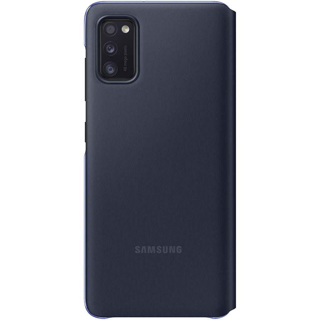 A dark blue Samsung flip case for a smartphone is shown from the back.
