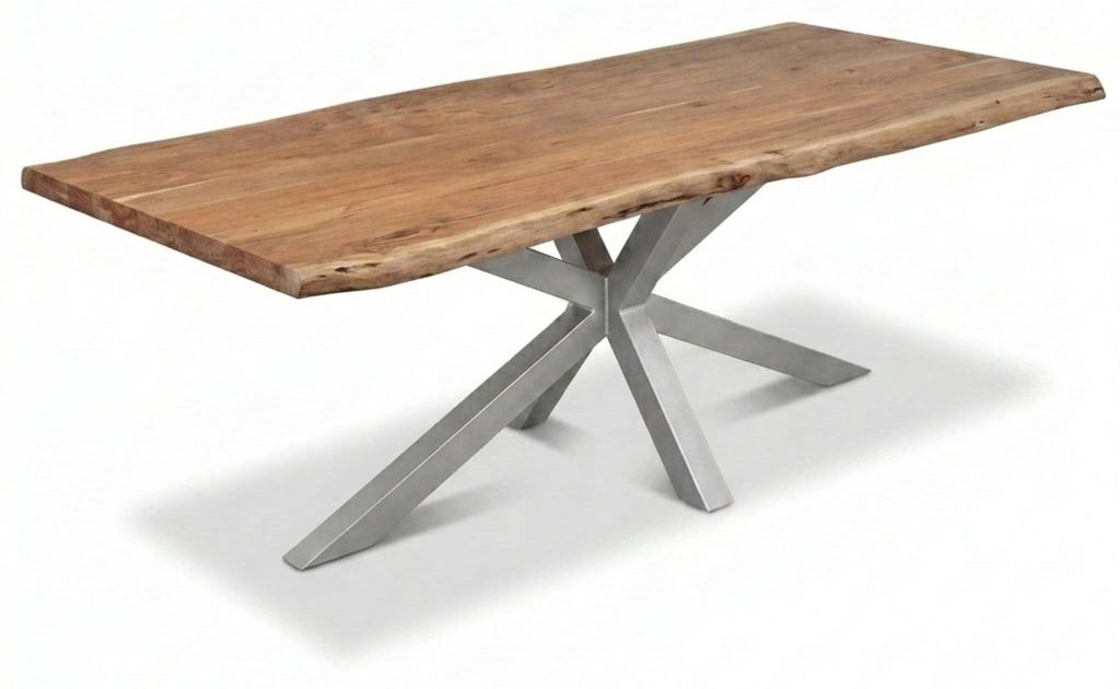 Esstisch 350 x 120 cm Cali, Baumkantentisch naturfarben, Akazienholz massiv, Spider-Gestell aus Metall Silber