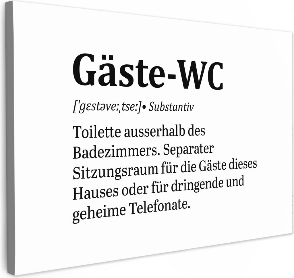 MuchoWow - Leinwandbilder - Zitat - Definition - Gästetoilette - Weiß, Wandbild, Wanddeko Bilder Wohnzimmer, 90x60 cm