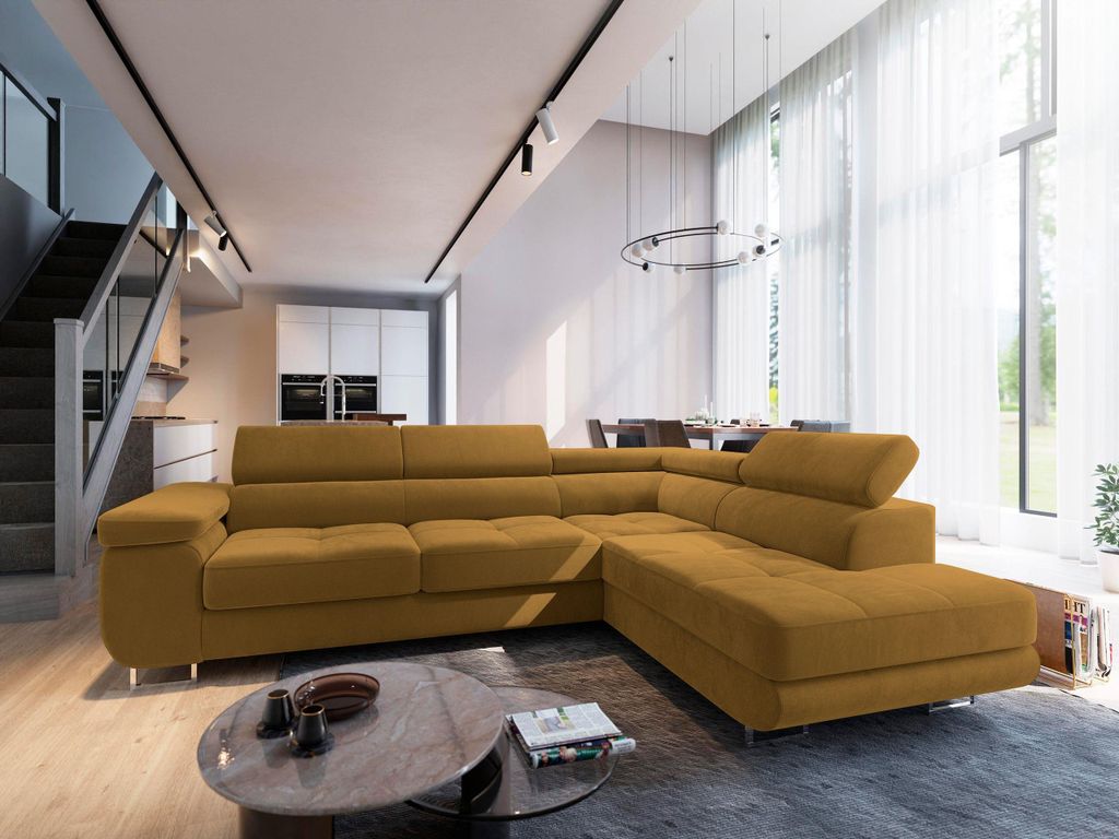 Masseno Ecksofa SELVA R-S mit Schlaffunktion L-Form, Sofa mit Bettkasten, Wohnzimmersofa, Couch, Soffa, Bettsofa, Couchgarnitur- Gelb, MONOLITH 48