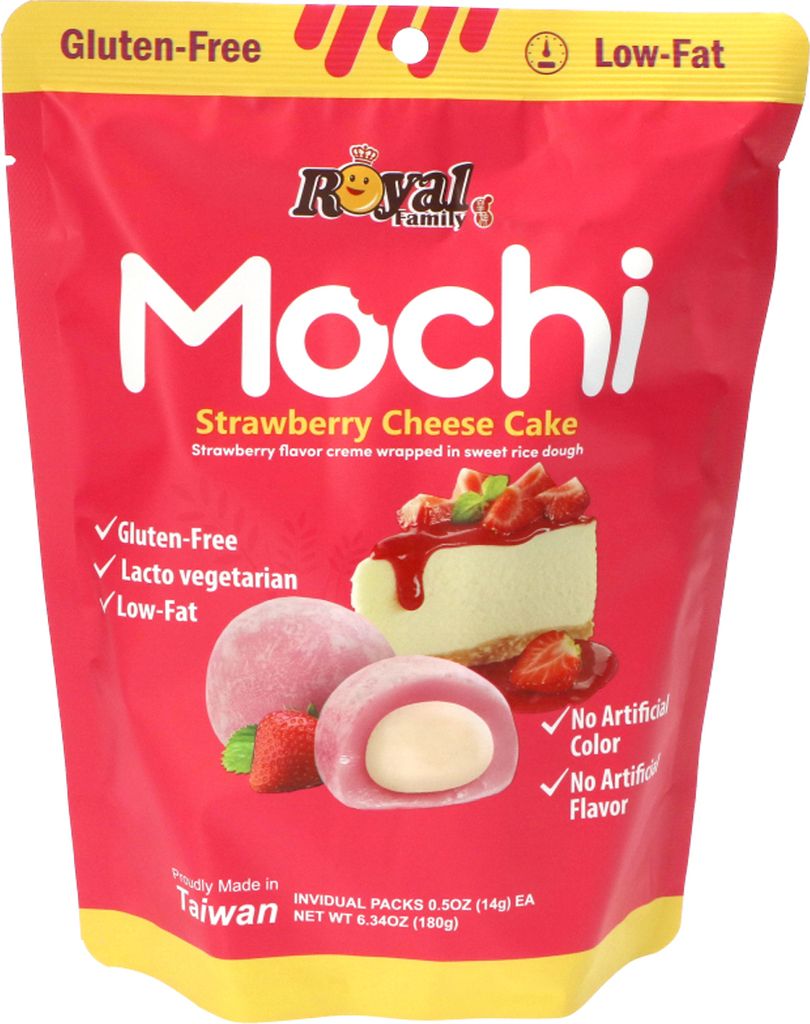 A red bag of Royal Family Mochi Strawberry Cheesecake.