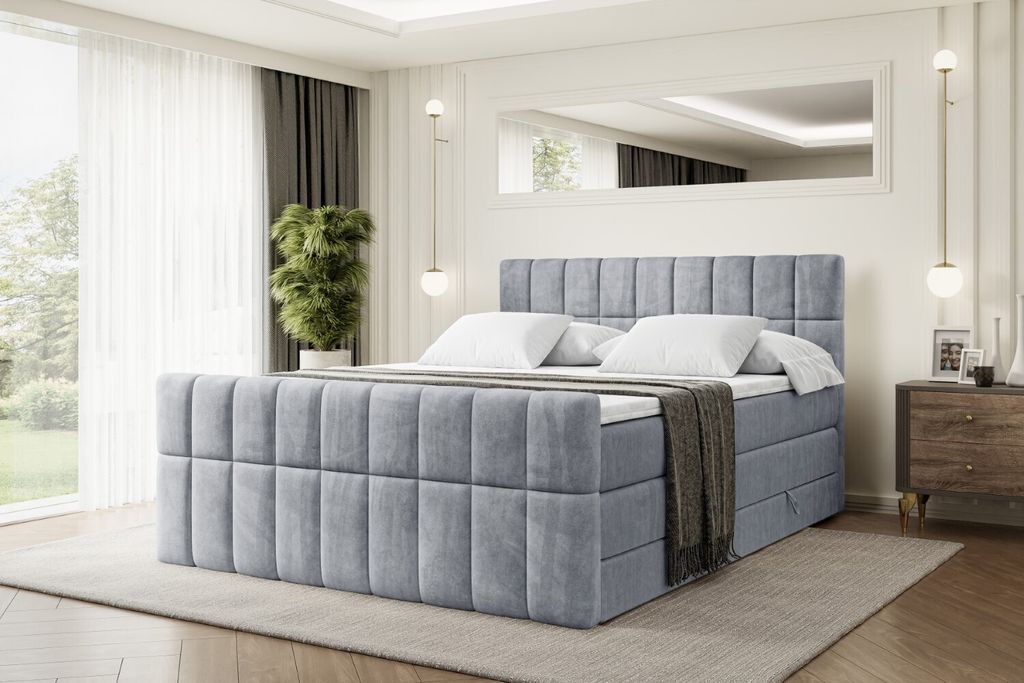 ALTDECOR Boxspringbett mit Fußteil, 2 Matratzen und Topper - 160x200 cm - MIAMI-Z KING - Grau Samt - Polsterbett mit, H3- und H4- Matratzen, Bettk...