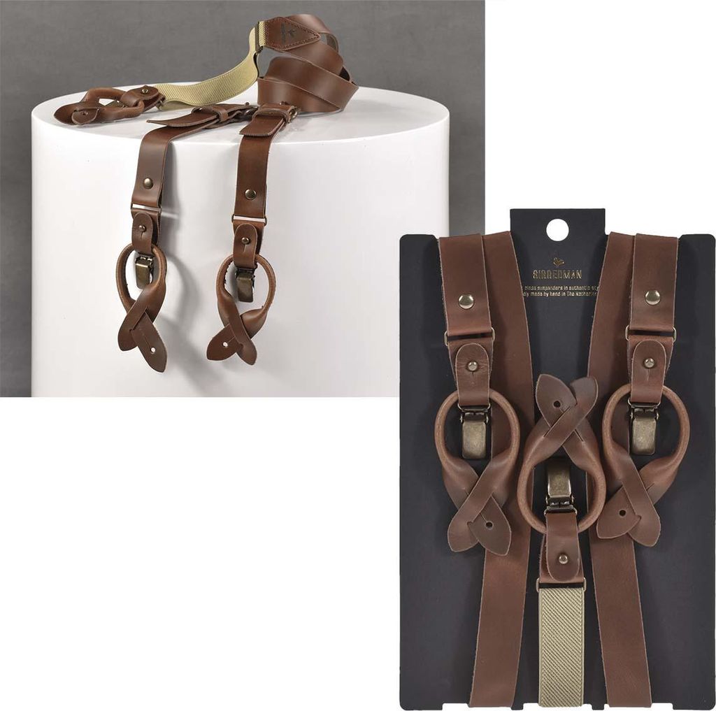 Sir Redman Hosenträger Herren Leder 25mm Y-Form Clips Lederlaschen Knöpfe braun