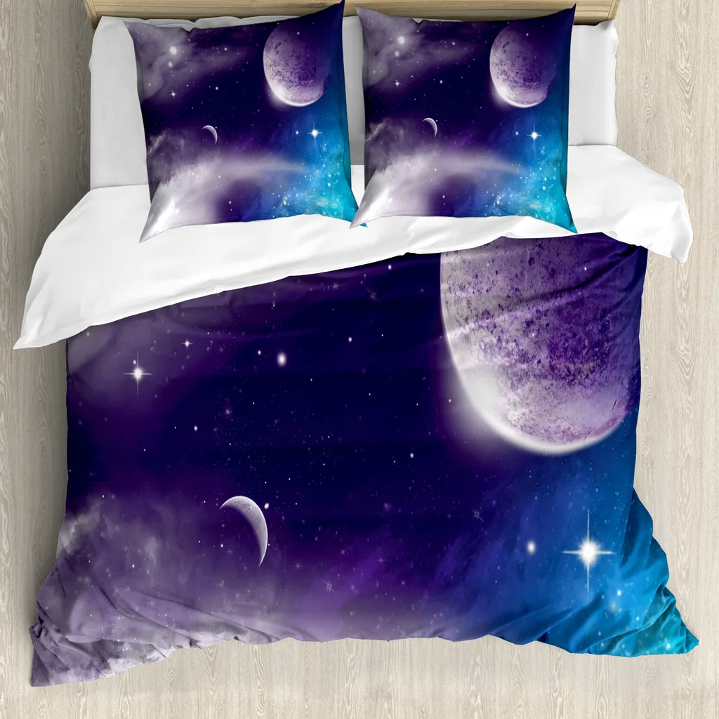 ABAKUHAUS Copripiumino, paesaggio Starry Night Sky, antiacaro, adatto a chi soffre di allergie, con federe, 200 cm x 200 cm - 80 x 80 cm, blu lilla