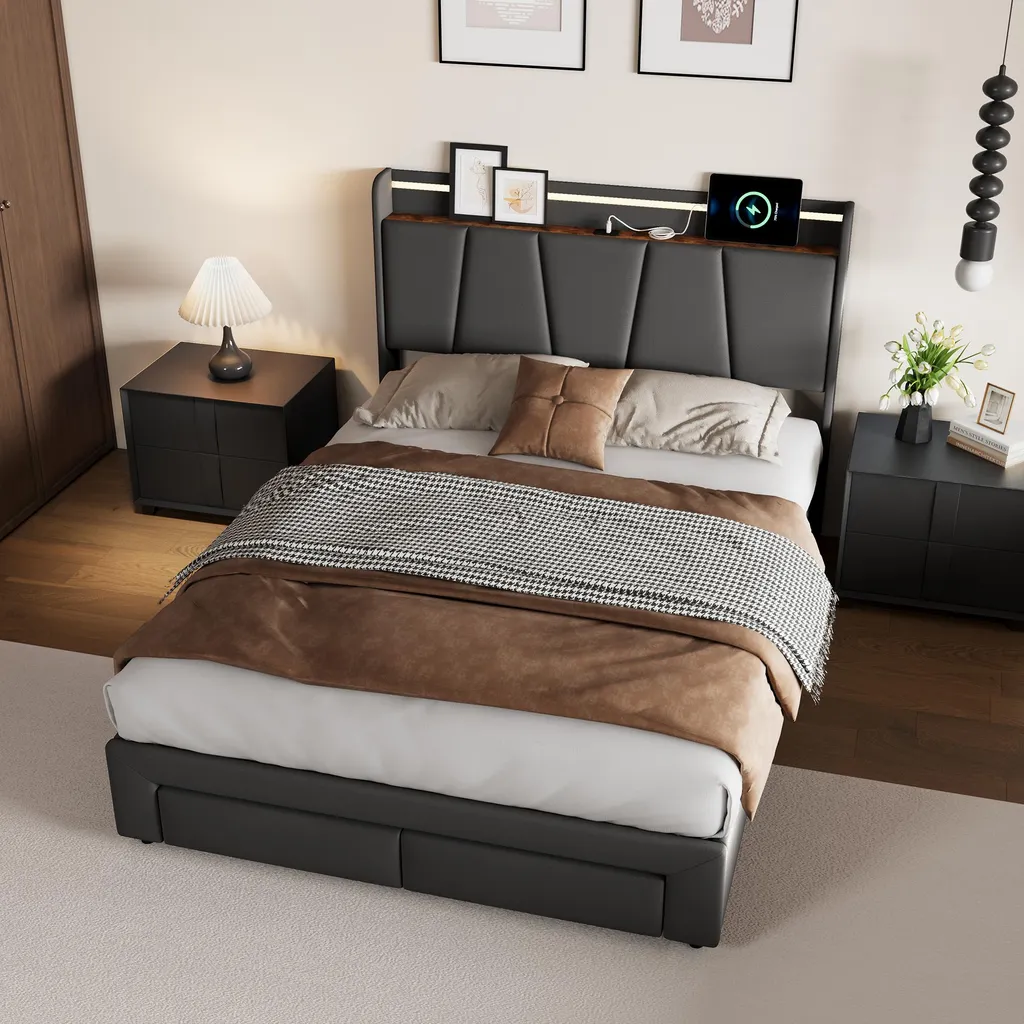 Lit 140x200 gris avec coffre de rangement : fini le manque de place