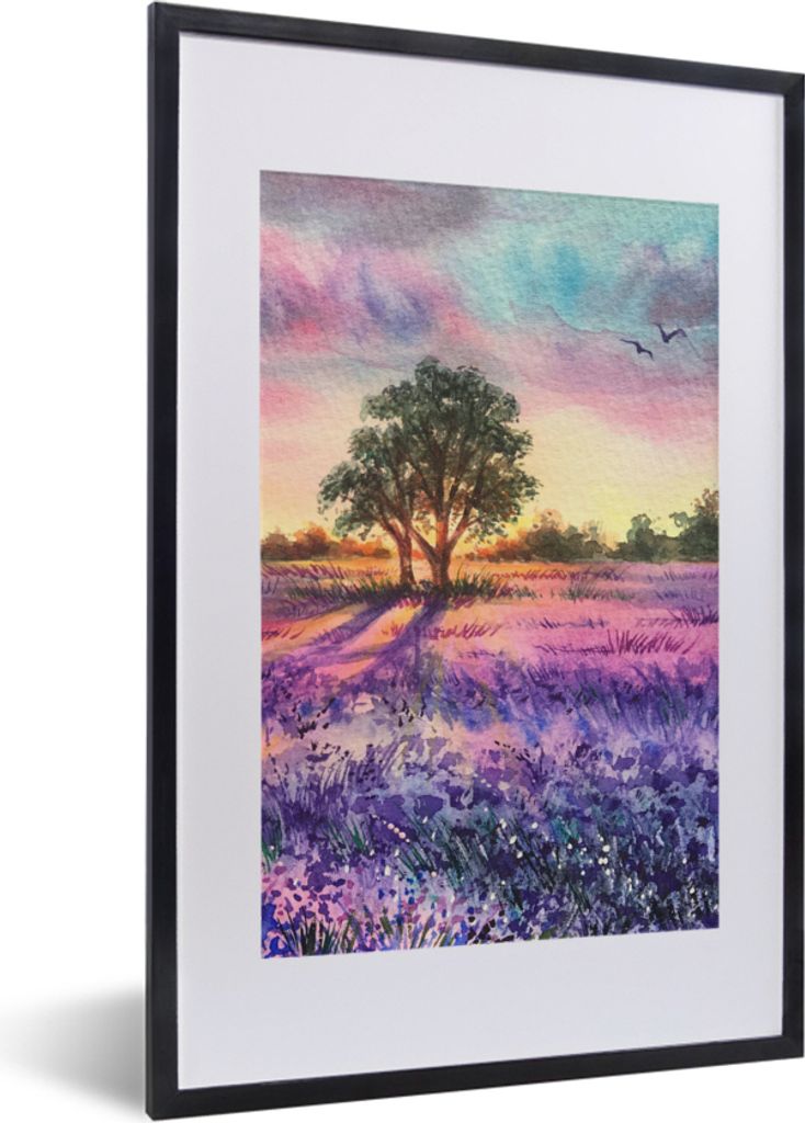 MuchoWow Gerahmtes Poster Lavendel - Farbe - Vögel - Bäume - Lila 40x60 cm - Poster mit Schwarzem Bilderrahmen Wandposter Rahmen Foto Bilder - ...