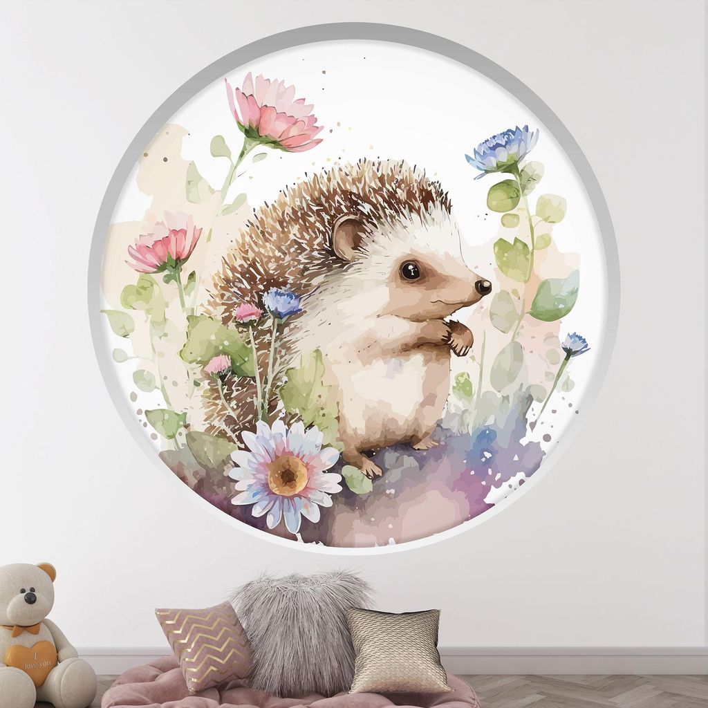 Trompe-l'œil-Aufkleber Runde Bogen Kinder - Lumaléa - Igel Blumen - Durchmesser 130 cm