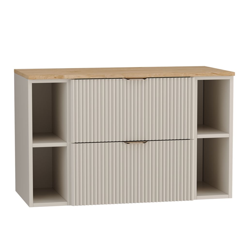WENA Waschtischunterschrank 100 cm, mit 2 Regale, geriffelte Fronten, Griffe aus Metall in der Farbe Gold (Farbe: Kaschmir/Eiche Platte)