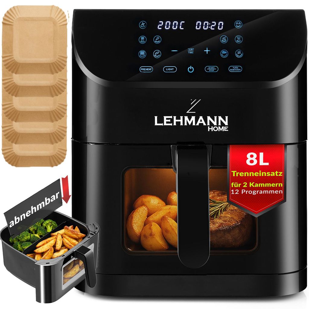 A black air fryer with a window showing food inside, along with accessories and text overlays.