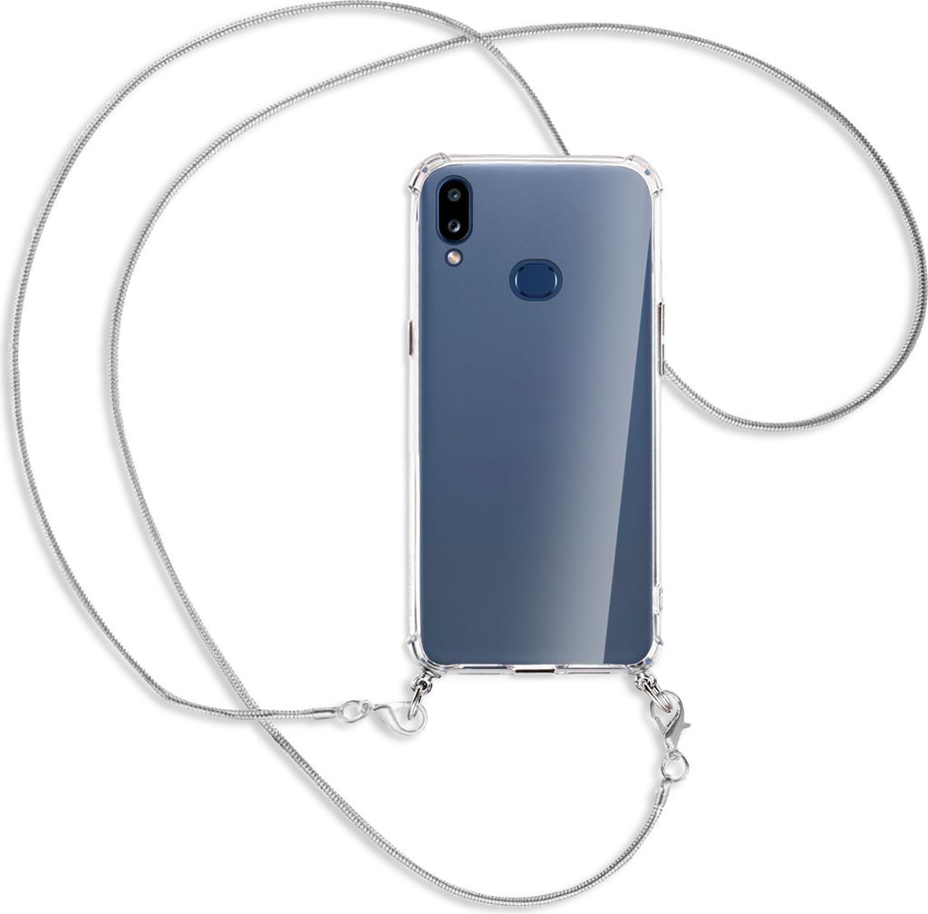 Handykette Backcover-Schutzhülle mit Band (Metall silberfarben) für Samsung Galaxy A10s - silberfarbene Kette Snake