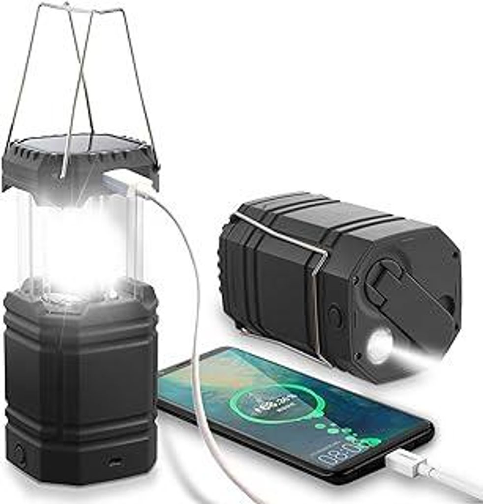 LED Campinglampe Solar, Wasserdicht LED Camping Laterne, Notfallleuchte mit Handkurbel, Eingebaute 3000mAh Akku für Wandern, Angeln, SOS, Ausfäll...