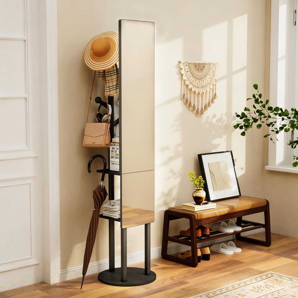 STILVORA Ganzkörperspiegel-Garderobe mit Stauraum und 360° Drehfunktion, Kleiderständer mit Haken und multifunktionalem Design, Garderobe mit in...