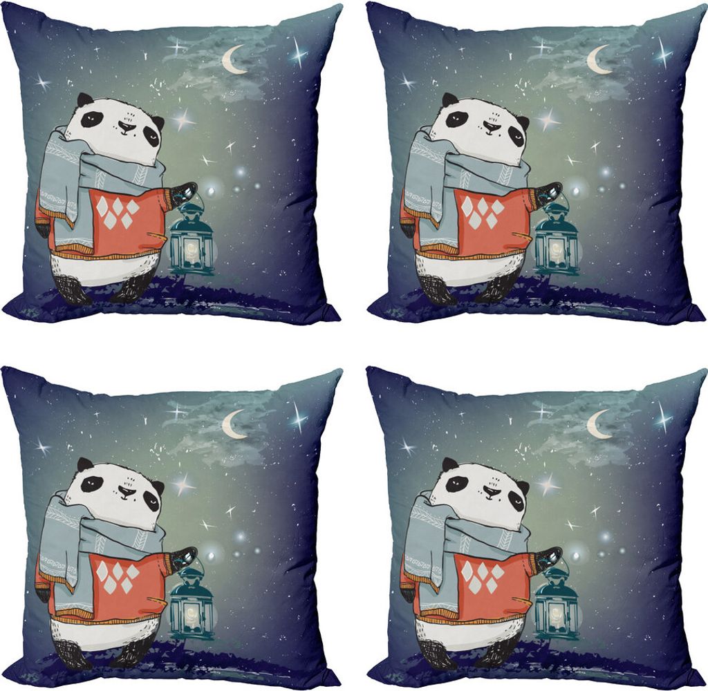 ABAKUHAUS Panda Kissenbezug Set (4 Stück), Panda-Bär Winter Night, Moderner Doppelseitiger Digitaldruck, 50 cm x 50 cm, Mehrfarbig