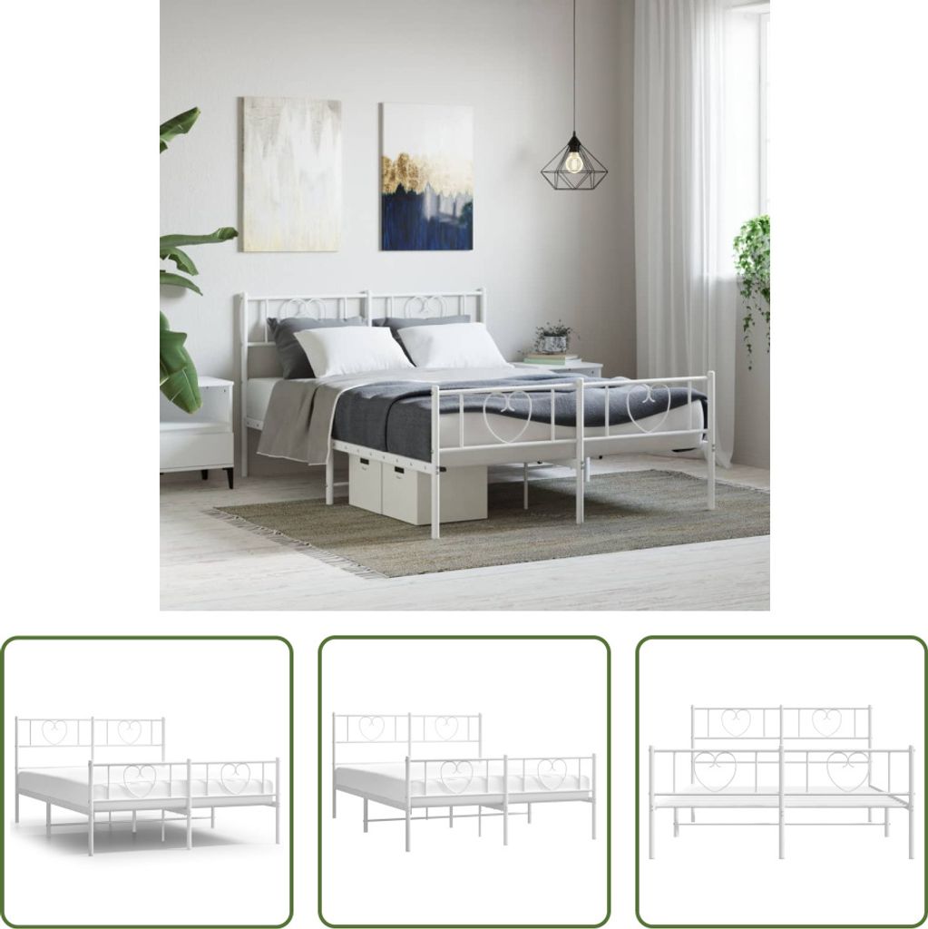 The Living Store Bettgestell mit Kopf- und Fußteil Metall Weiß 135x190 cm