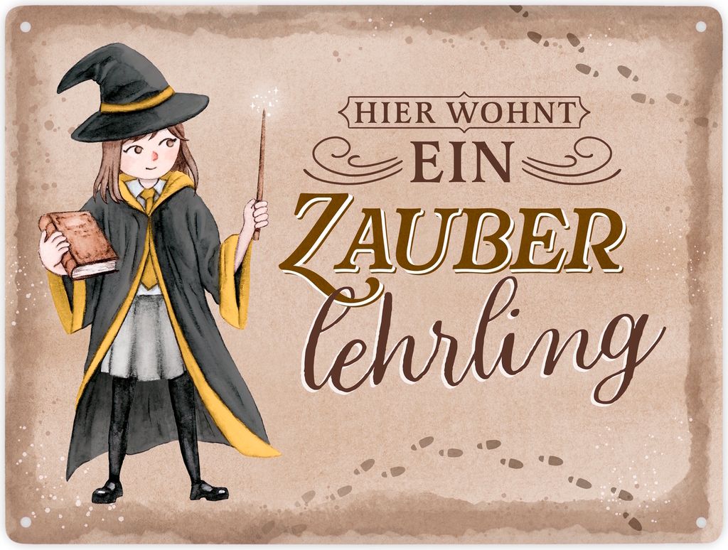 Zauberschülerin Metallschild XXL in 28x38 cm in gelb mit Spruch Hier wohnt ein