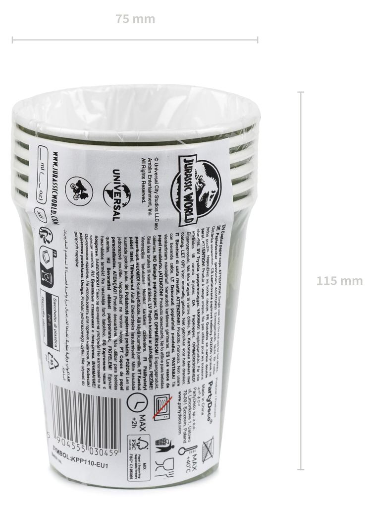 Pappbecher 250ml Jurassic World 6er Set mit Saurier Motiv Grün Braun