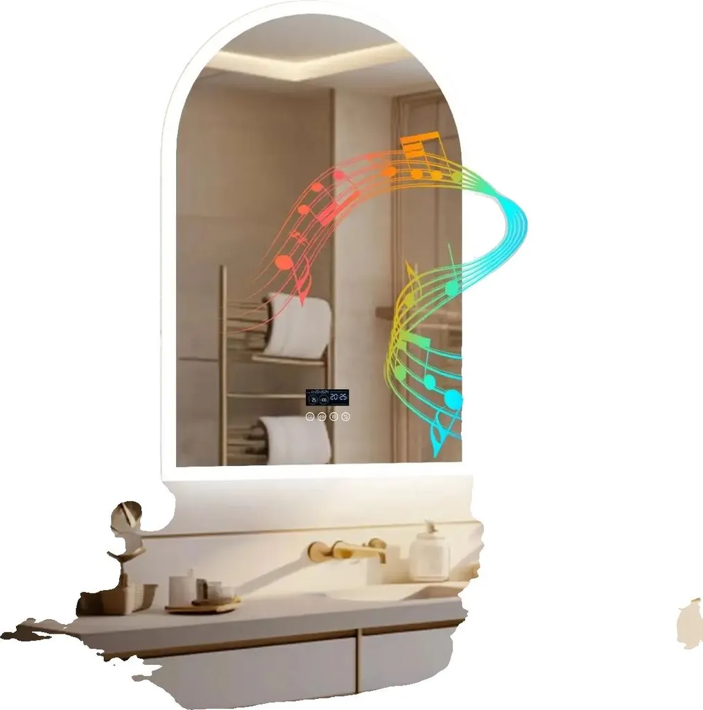 Miroir connecté LED en aluminium argenté avec haut-parleur Bluetooth