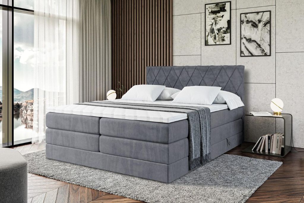 ALTDECOR Boxspringbett mit Matratze und Lattenrost - LEPARO KING - 160x200 cm - Dunkelgrau Samt - Topper, Polsterbett mit Bettkasten, Bett mit Stau...