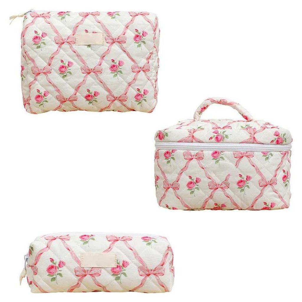 Mini Kosmetiktaschen 3er-Set - Kulturbeutel & Schminktasche - Bedrucktes Muster - Coquette Stil - Reise-Organizer - Polyester - Blau