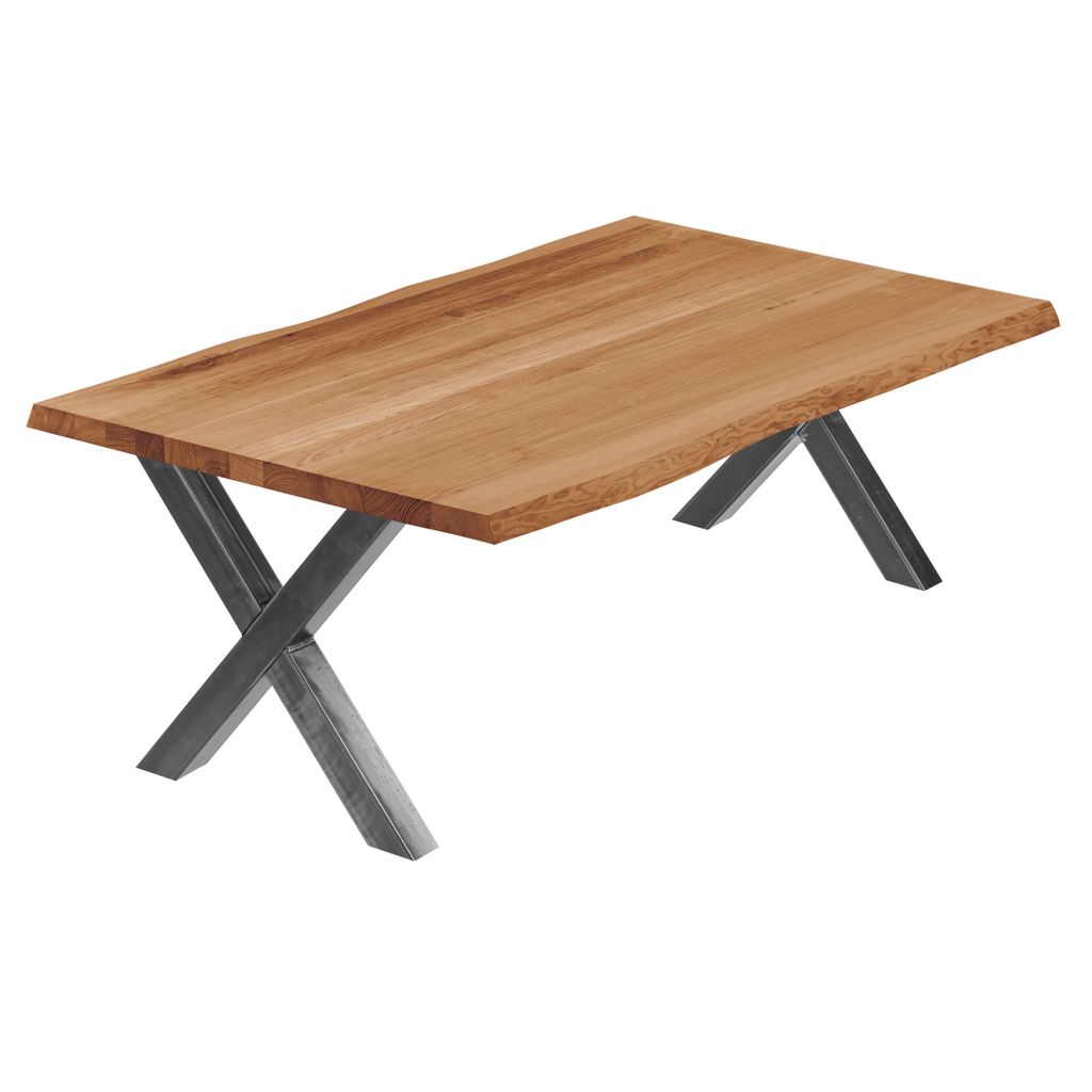 LAMO Manufaktur Esstisch Küchentisch Schreibtisch Couchtisch aus Massivholz, mit Baumkante 120x80x47cm (AxBxH), Design, Dunkel / Rohstahl mit Klar...