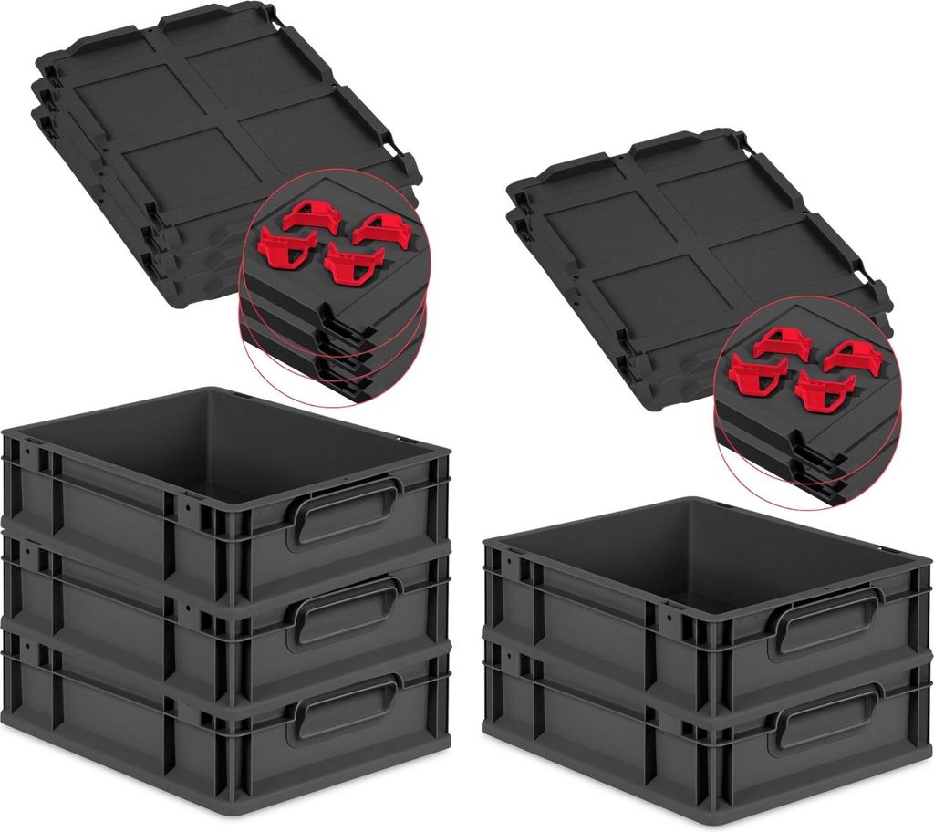 SparSet 5x Eurobox NextGen Grip mit Auflagedeckel inkl. 4 roten Schiebeschnappverschlüssen | HxBxT 12x30x40cm | 11 Liter | Schwarz | Griffe geschl...