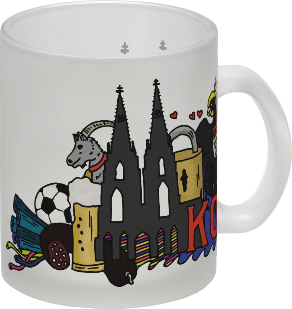 Glas Tasse mit Wimmelgrafik Köln Motiv