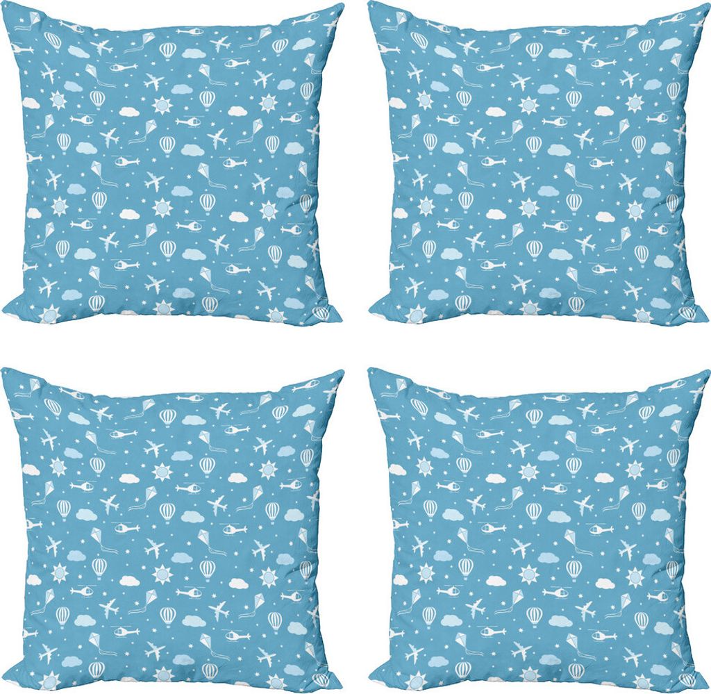 ABAKUHAUS Nursery Flugzeug Kissenbezug Set (4 Stück), Kites Air Balloons, Moderner Doppelseitiger Digitaldruck, 50 cm x 50 cm, Hellblau und Weiß