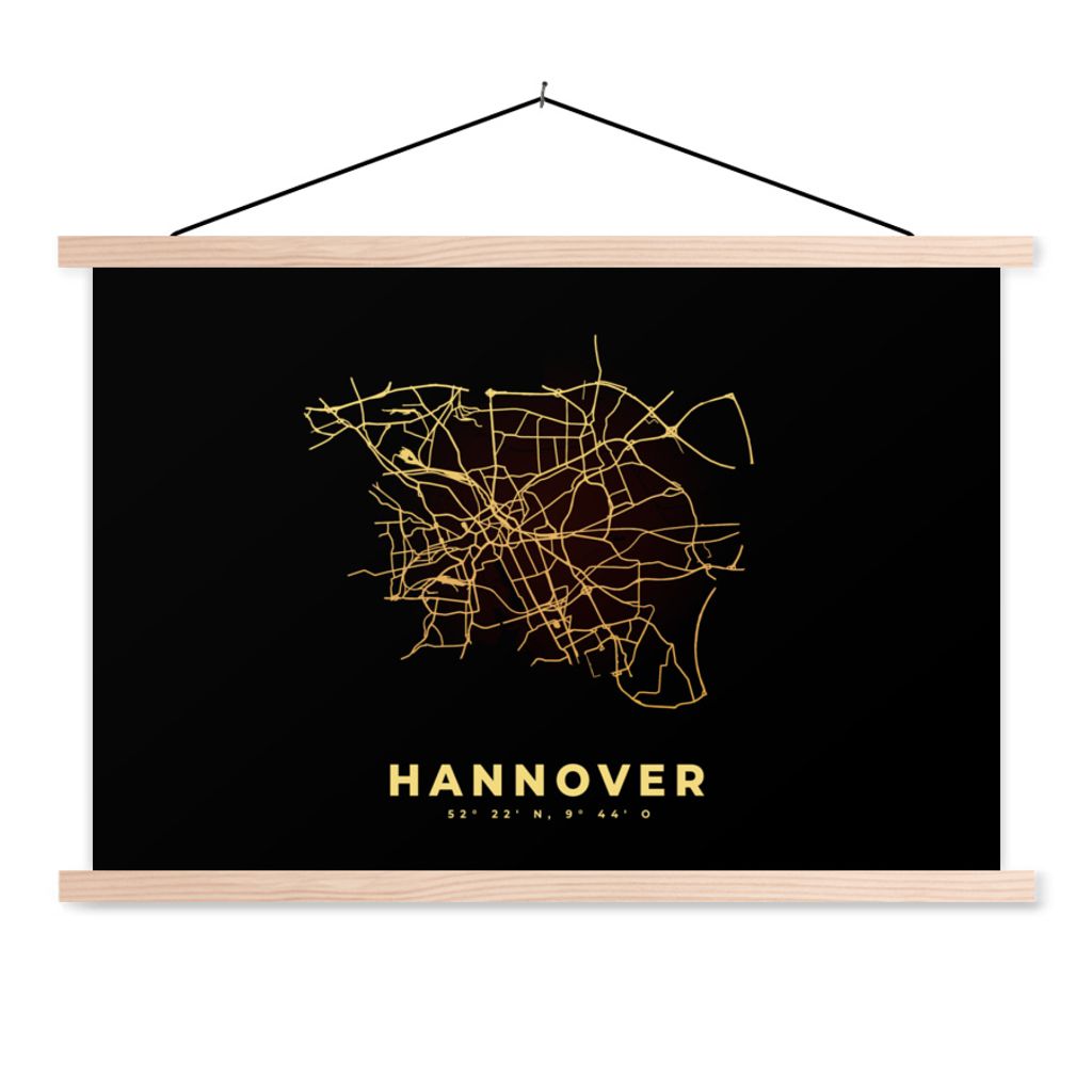 MuchoWow Textilposter Schwarz und Gold - Karte - Hannover - Stadtplan - Straßenplan 120x80 cm mit holzfarbenen Rahmen - Aufhängeset
