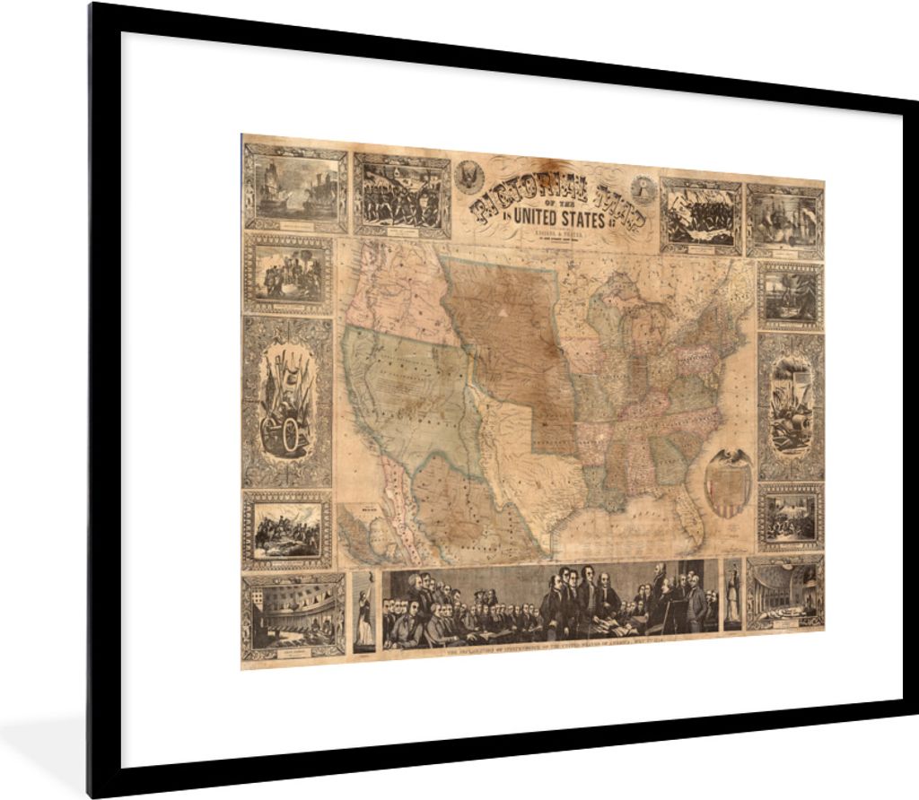 MuchoWow MuchoWow Gerahmtes Poster Karte - Vintage - Amerika 80x60 cm - Poster mit zchwarzem Bilderrahmen - Schlafzimmer-Dekorationen - Fotoposter