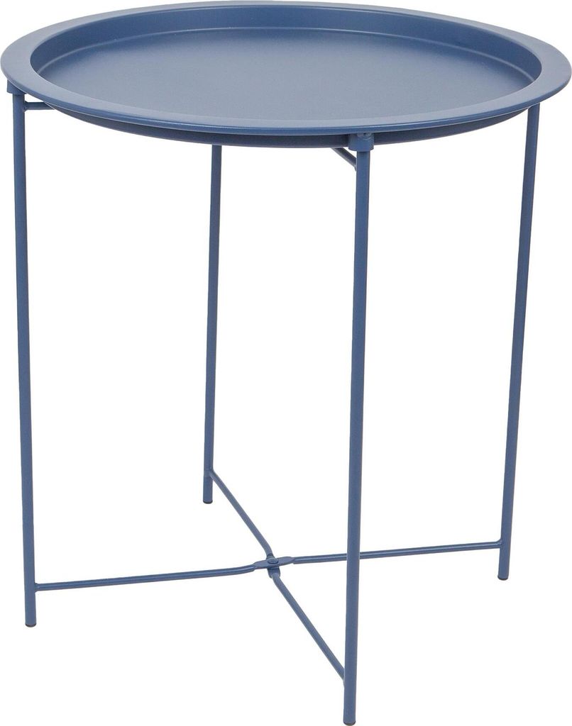 A blue metal side table with a round tray top and a cross-legged base, shown against a white background.