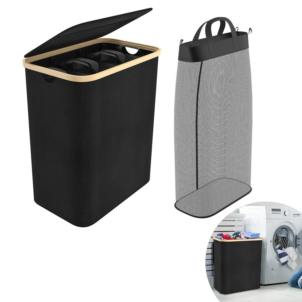 LARS360 Schwarz Wäschekorb Wäschetruhe Wäschebox mit Deckel, Flexibler Wäschetonne zur Aufbewahrung mit abnehmbaren Wäschesäcken - 140 Liter