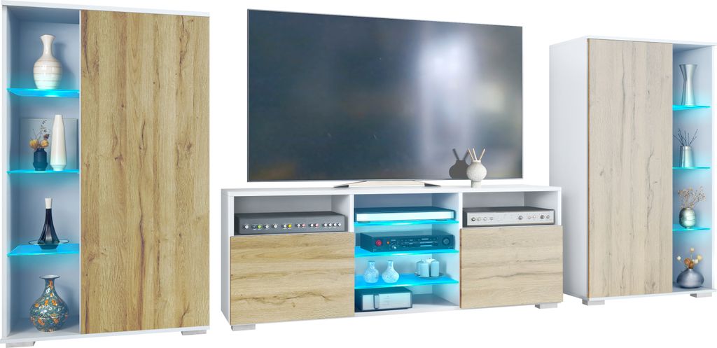 Vladon Wohnwand Davos, Anbauwand bestehend aus 2 Vitrinen und 1 TV-Board, Weiß matt/Eiche Natur inkl. LED-Beleuchtung (329 x 134 x 35 cm)