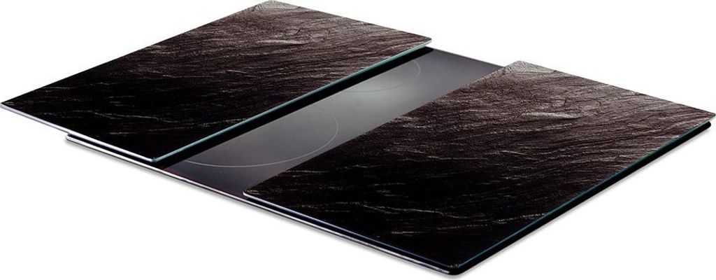 A set of two black glass cutting boards with a marble-like pattern, placed on a white background.